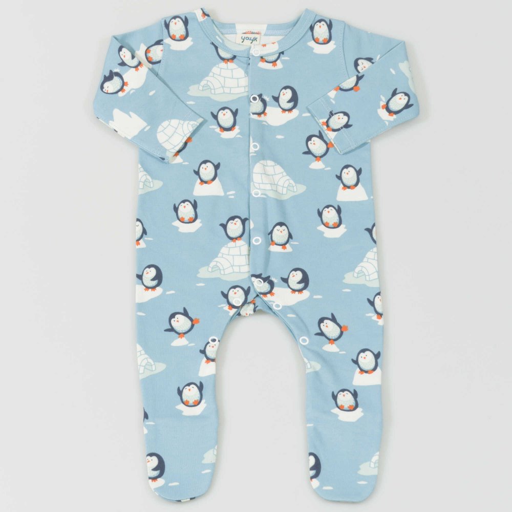 Long-sleeve jumpsuit organic cotton aqua print penguin pattern front closure | liloo