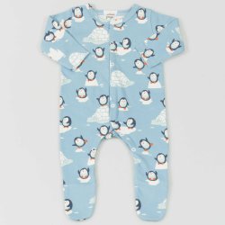 Long-sleeve jumpsuit, organic cotton, aqua print, penguin pattern, front closure