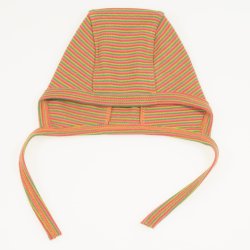 Brown organic cotton baby bonnet with colored stripes print